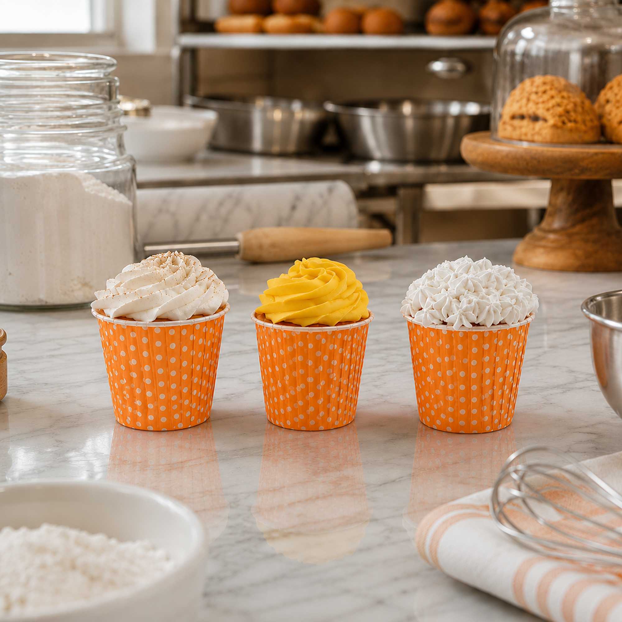 Panificio 4 oz Round Polka-Dotted Hot Orange Paper Tall Baking Cup - Pleated - 3" x 3" x 2 3/4" - 200 count box