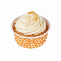 Panificio 5 oz Round Polka-Dotted Hot Orange Paper Large Baking Cup - Pleated - 3 3/4