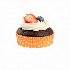 Panificio 4 oz Round Polka-Dotted Hot Orange Paper Baking Cup - Ridged - 3 1/2