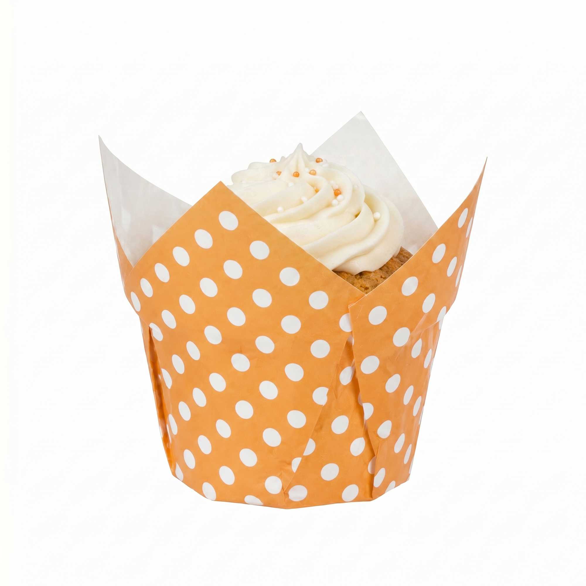 Panificio 2 oz Tulip Polka-Dotted Hot Orange Paper Tall Baking Cup - 3 1/4" x 3 1/4" x 3 1/2" - 200 count box