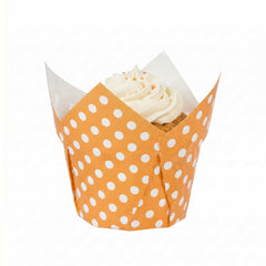 Panificio 2 oz Tulip Polka-Dotted Hot Orange Paper Tall Baking Cup - 3 1/4
