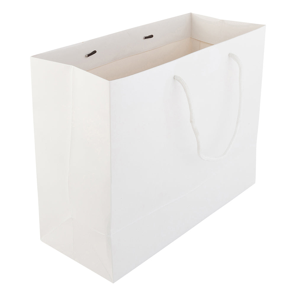 Vogue Rectangle White Paper Extra Large Shopping and Take Out Bag - Glossy, Rope Handles - 12 1/2" x 5" x 10" - 10 count box