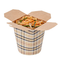 Bio Tek 16 oz Round Plaid Paper Noodle Take Out Container - 3 1/4