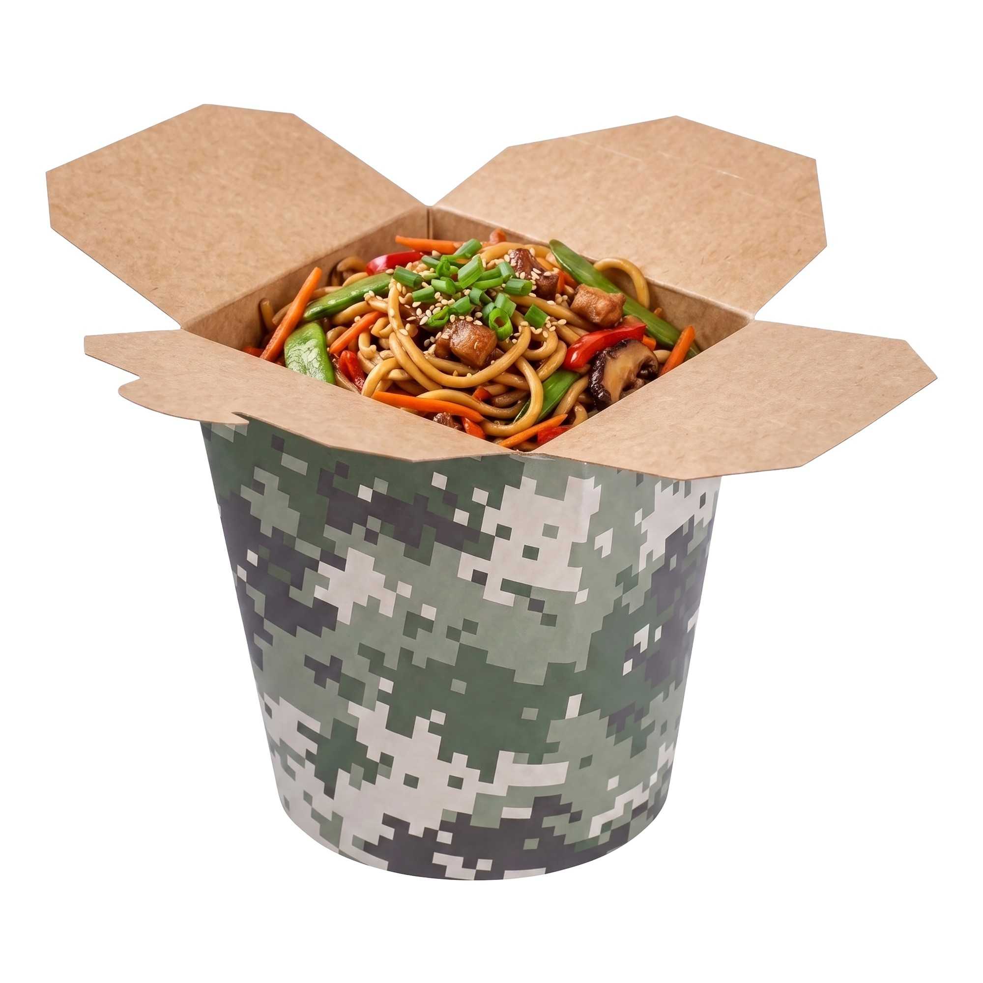 Bio Tek 16 oz Round Camouflage Paper Noodle Take Out Container - 3 1/4" x 3" x 4" - 200 count box
