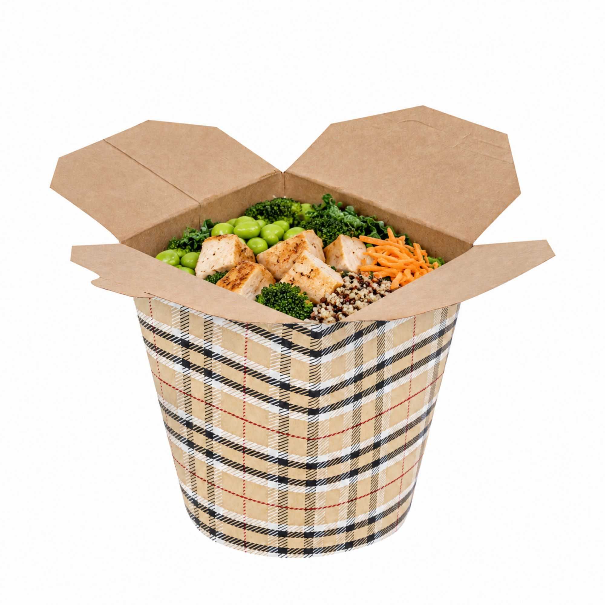 Bio Tek 32 oz Round Plaid Paper Noodle Take Out Container - 4" x 3 1/2" x 4 1/2" - 200 count box