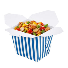 Bio Tek 26 oz Square Blue and White Stripe Paper Noodle Take Out Container - 4