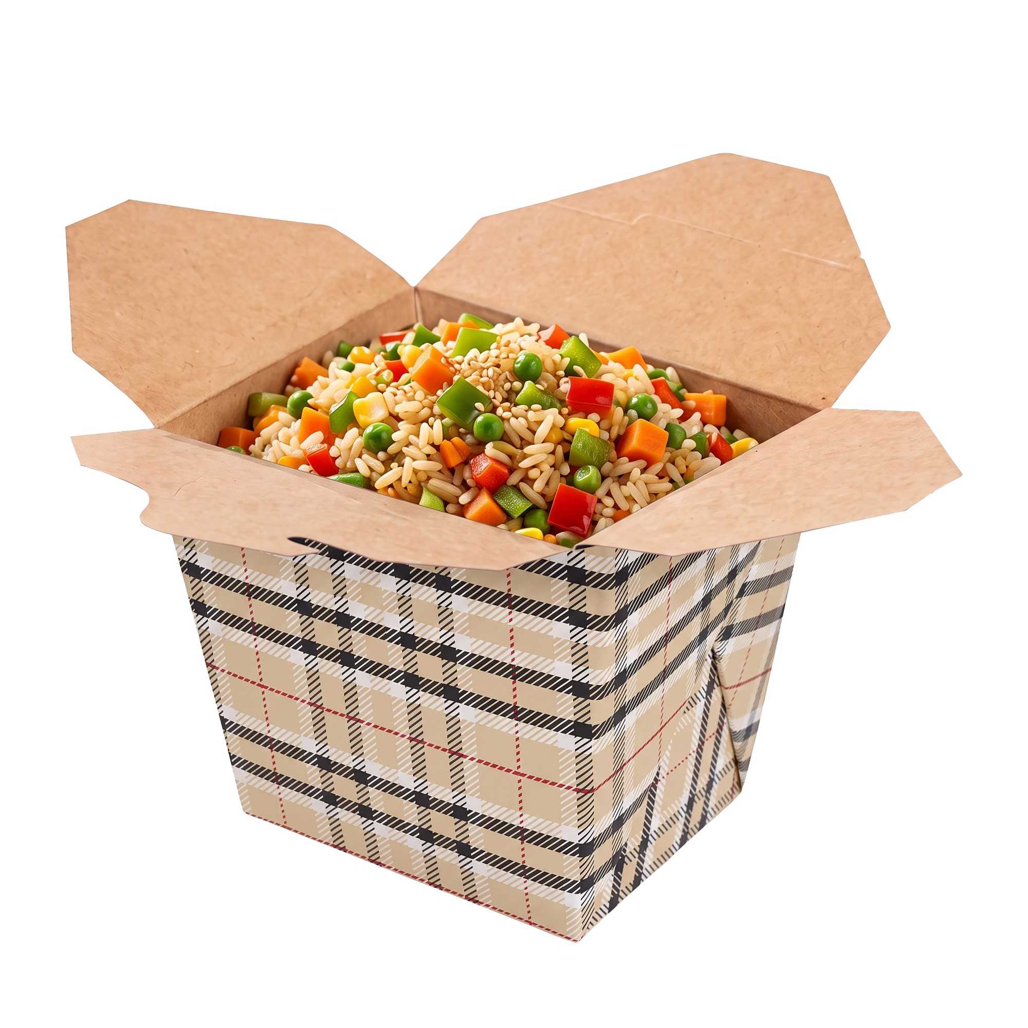 Bio Tek 26 oz Square Plaid Paper Noodle Take Out Container - 4" x 3 1/2" x 4" - 200 count box