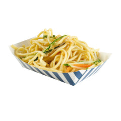 Bio Tek 4 oz Blue and White Stripe Paper #25 Food Tray / Boat - 4 1/2