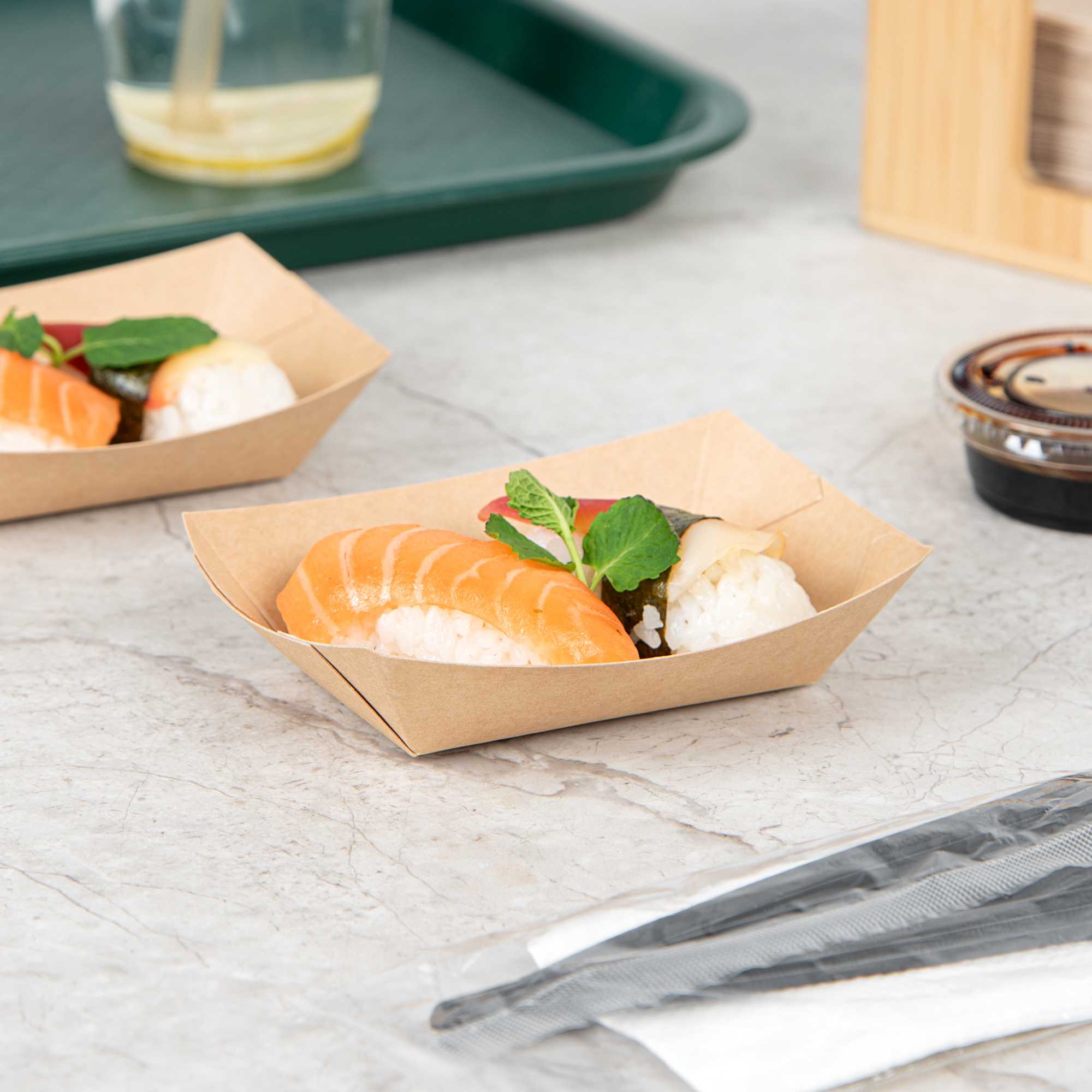 Bio Tek 4 oz Kraft Paper #25 Food Tray / Boat - 4 1/2" x 3 1/2" x 1 1/4" - 400 count box
