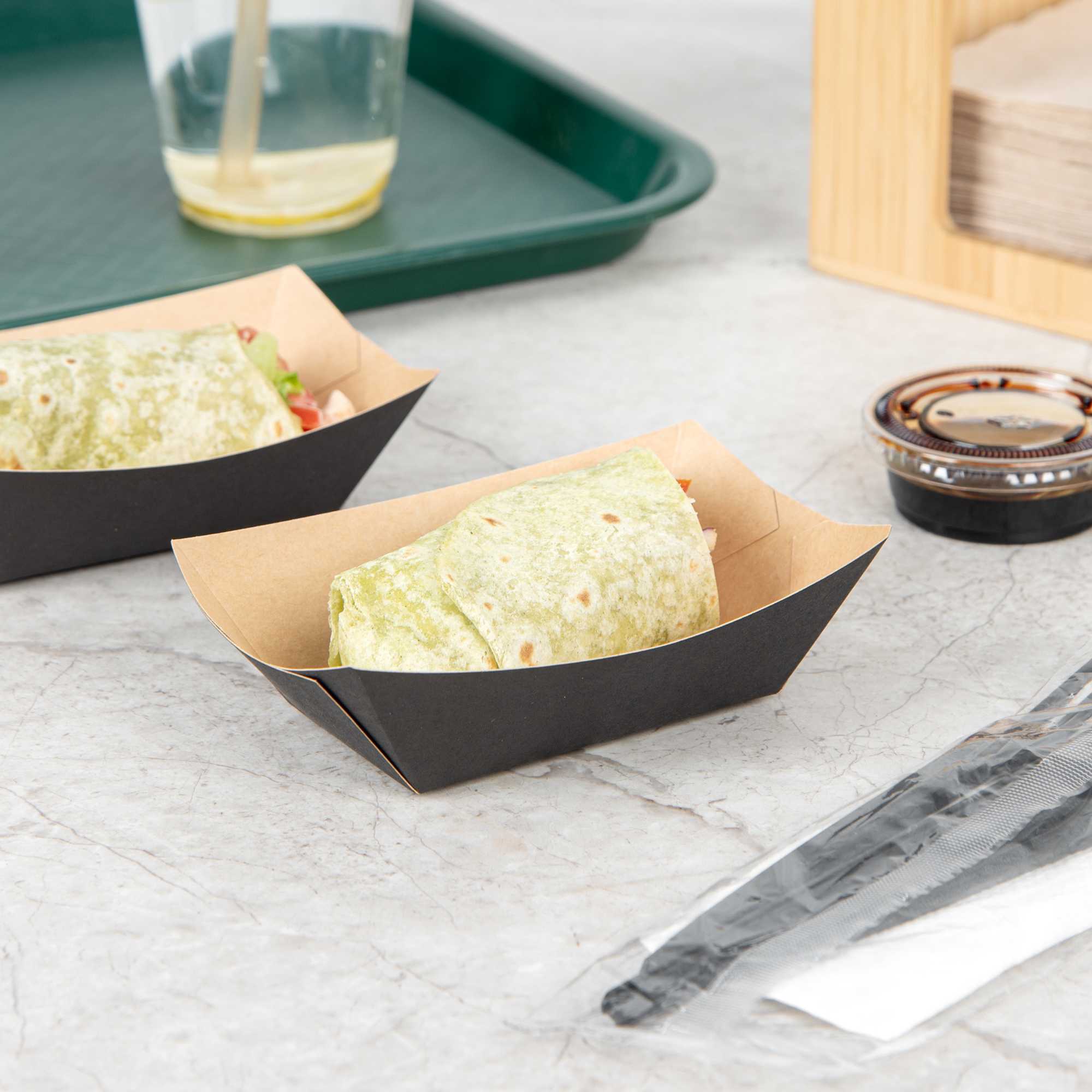 Bio Tek 6 oz Black Paper #40 Food Tray / Boat - 5" x 4" x 1 1/2" - 400 count box