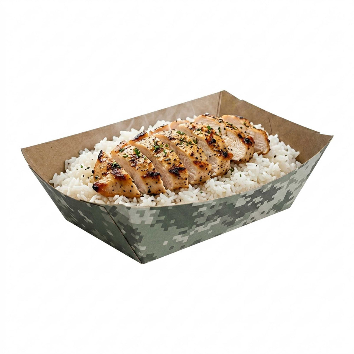 Bio Tek 1/2 lb Camouflage Paper #50 Food Tray / Boat - 6 1/2" x 4 1/4" x 1 3/4" - 400 count box
