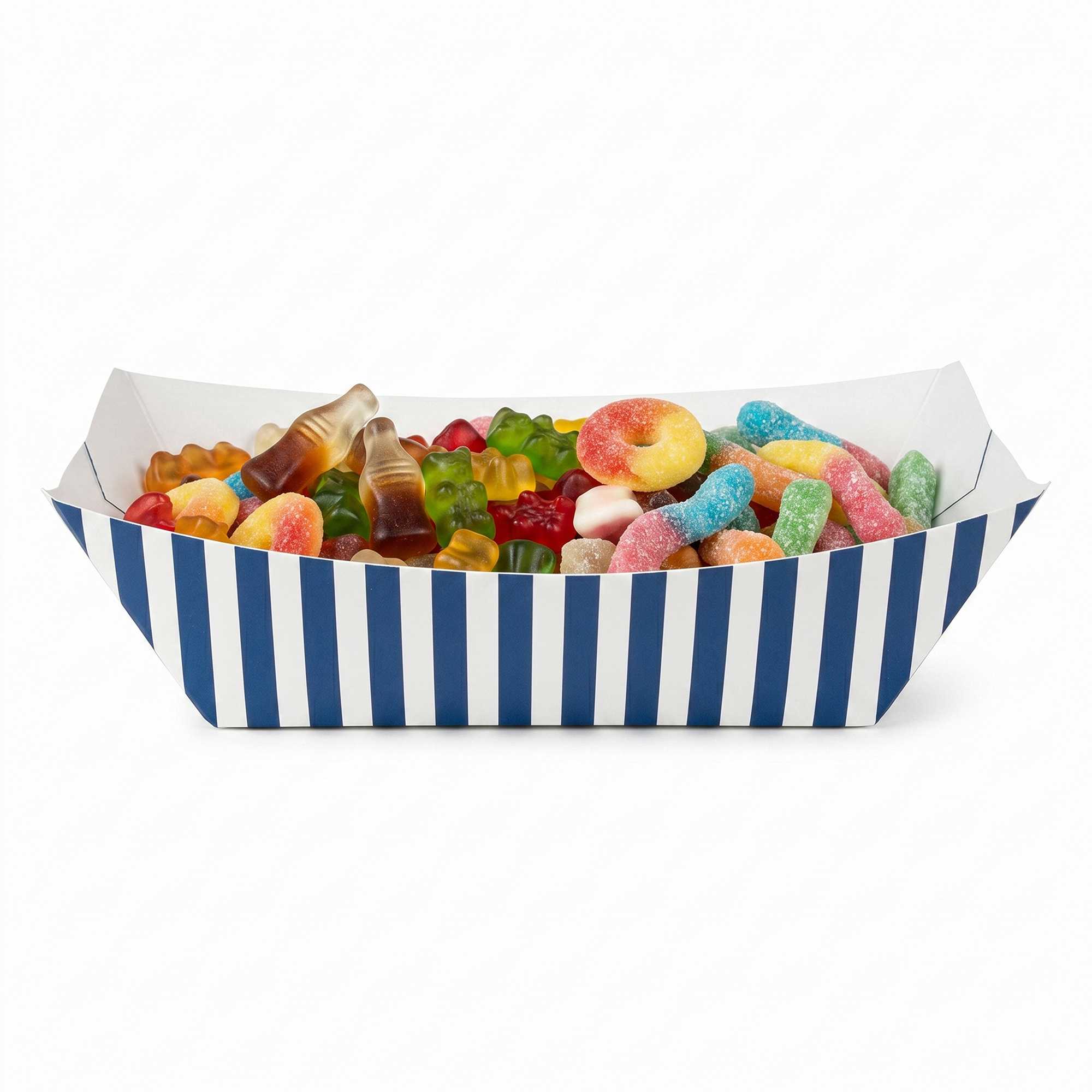 Bio Tek 1 lb Blue and White Stripe Paper #100 Food Tray / Boat - 8 1/4" x 6" x 2 1/4" - 200 count box