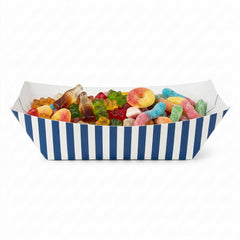 Bio Tek 1 lb Blue and White Stripe Paper #100 Food Tray / Boat - 8 1/4