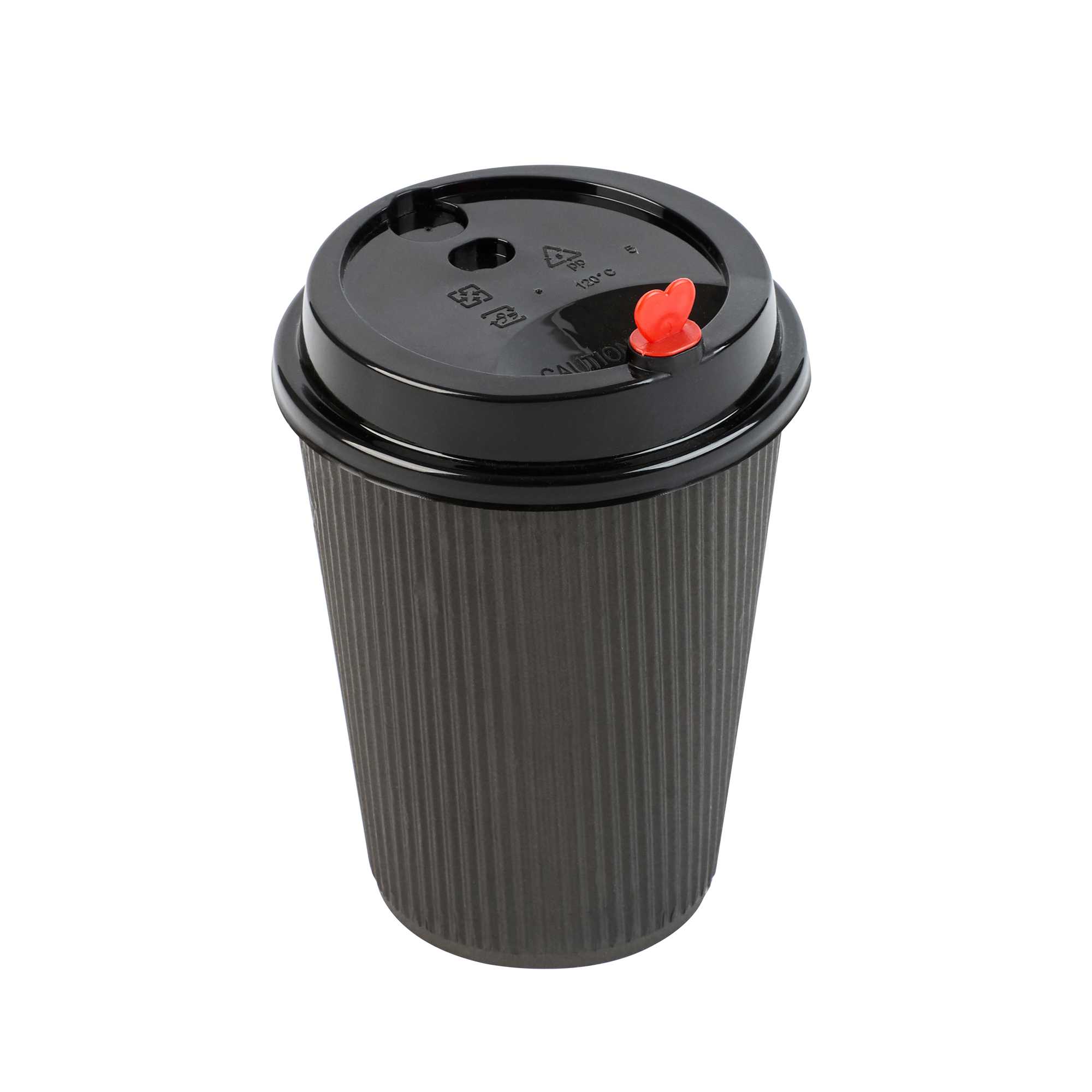Restpresso Black Plastic Coffee Cup Lid - Fits 8, 12, 16 and 20 oz, with Red Heart Plug - 500 count box