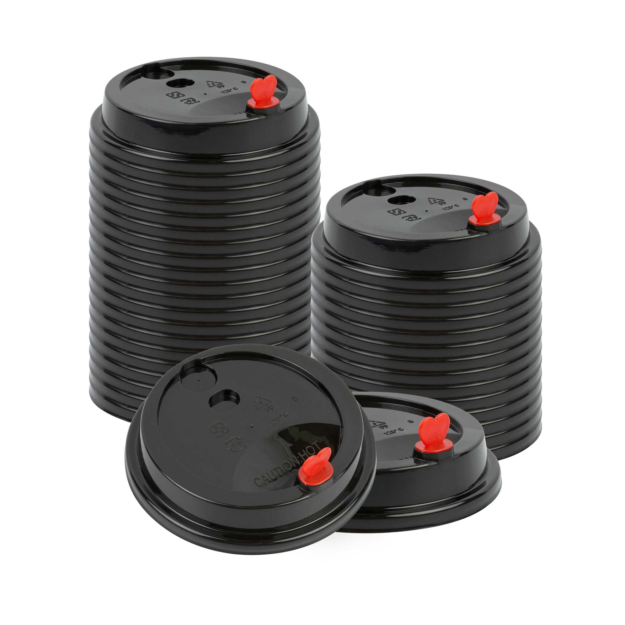 Restpresso Black Plastic Coffee Cup Lid - Fits 8, 12, 16 and 20 oz, with Red Heart Plug - 500 count box