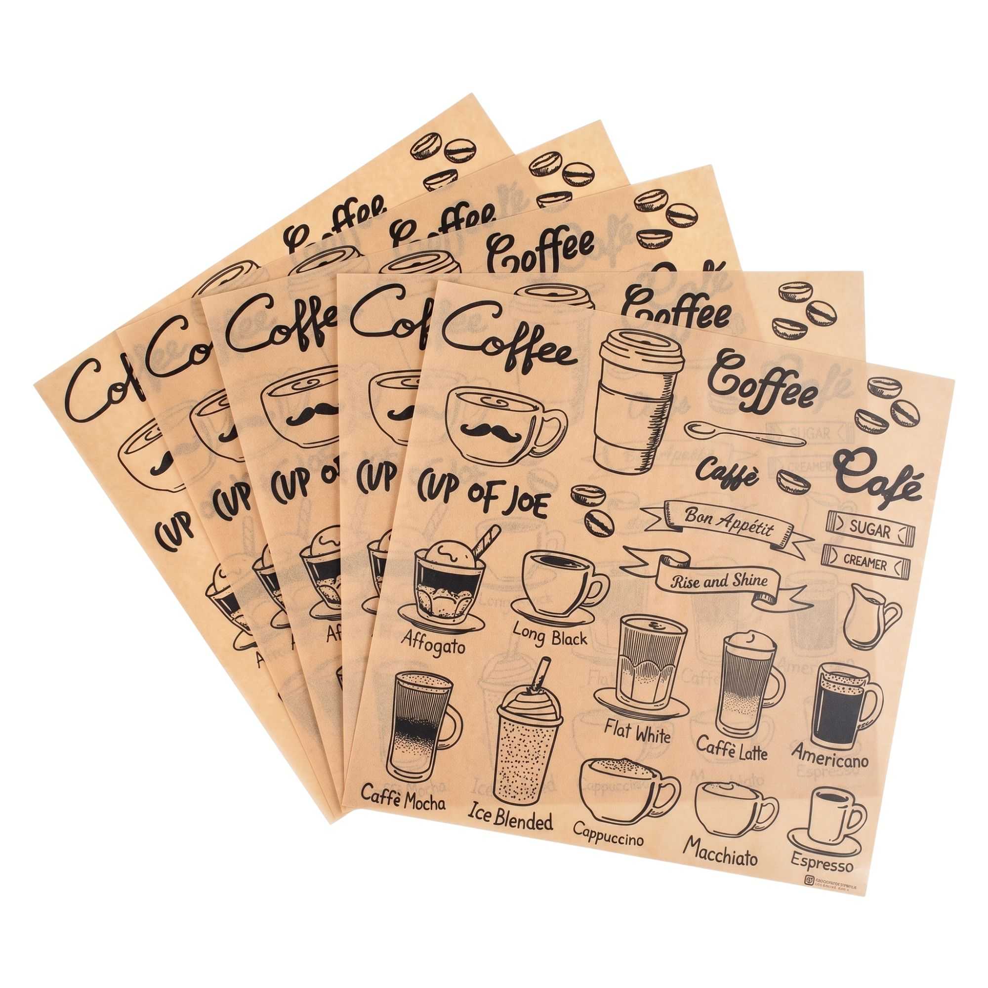 Gastronomia Kraft Paper Coffee Shop Wrap and Pastry Liner - Cup of Joe, Greaseproof - 12" x 12" - 500 count box
