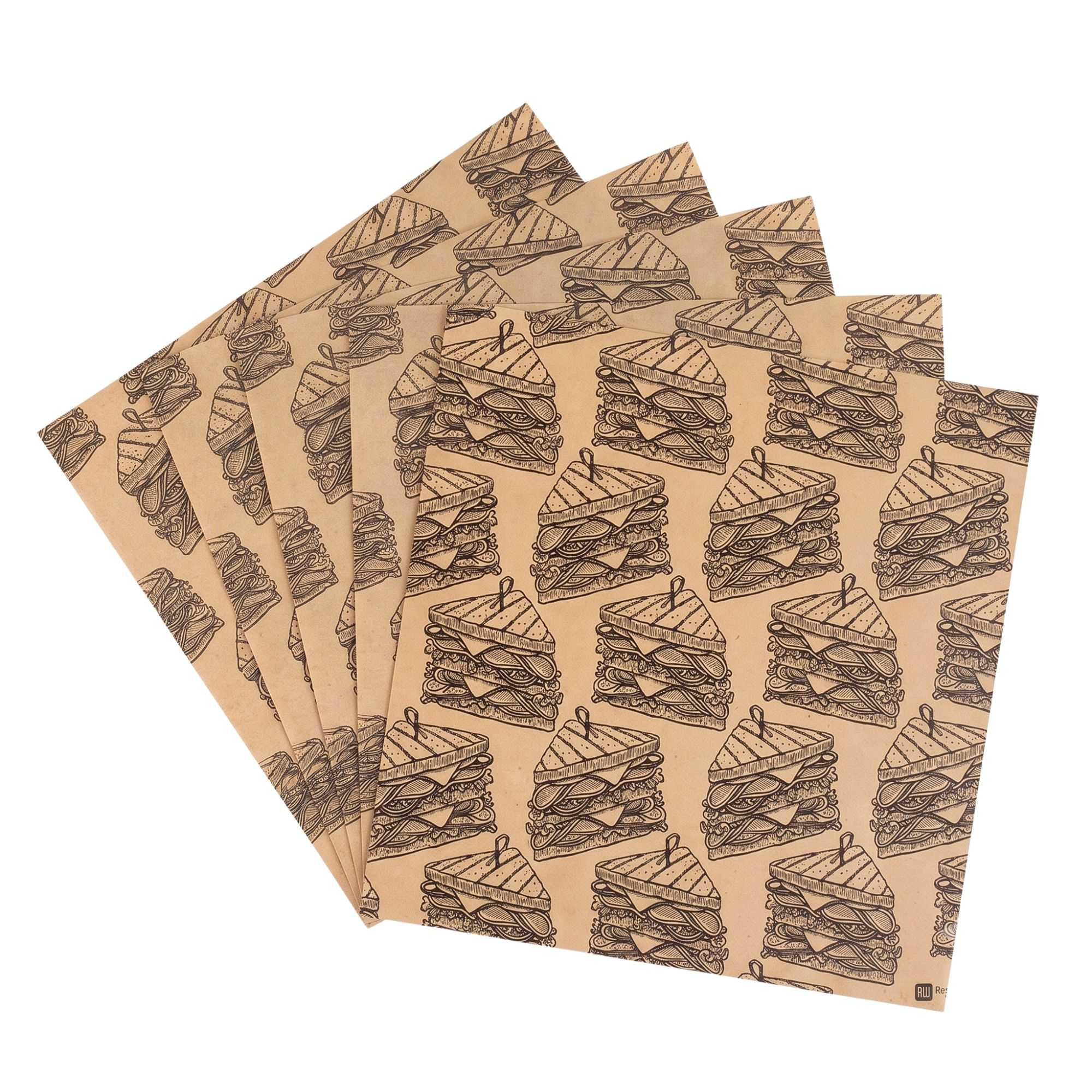 Gastronomia Kraft Paper Sandwich Wrap and Fry Basket Liner - Triple Decker, Greaseproof - 12" x 12" - 500 count box