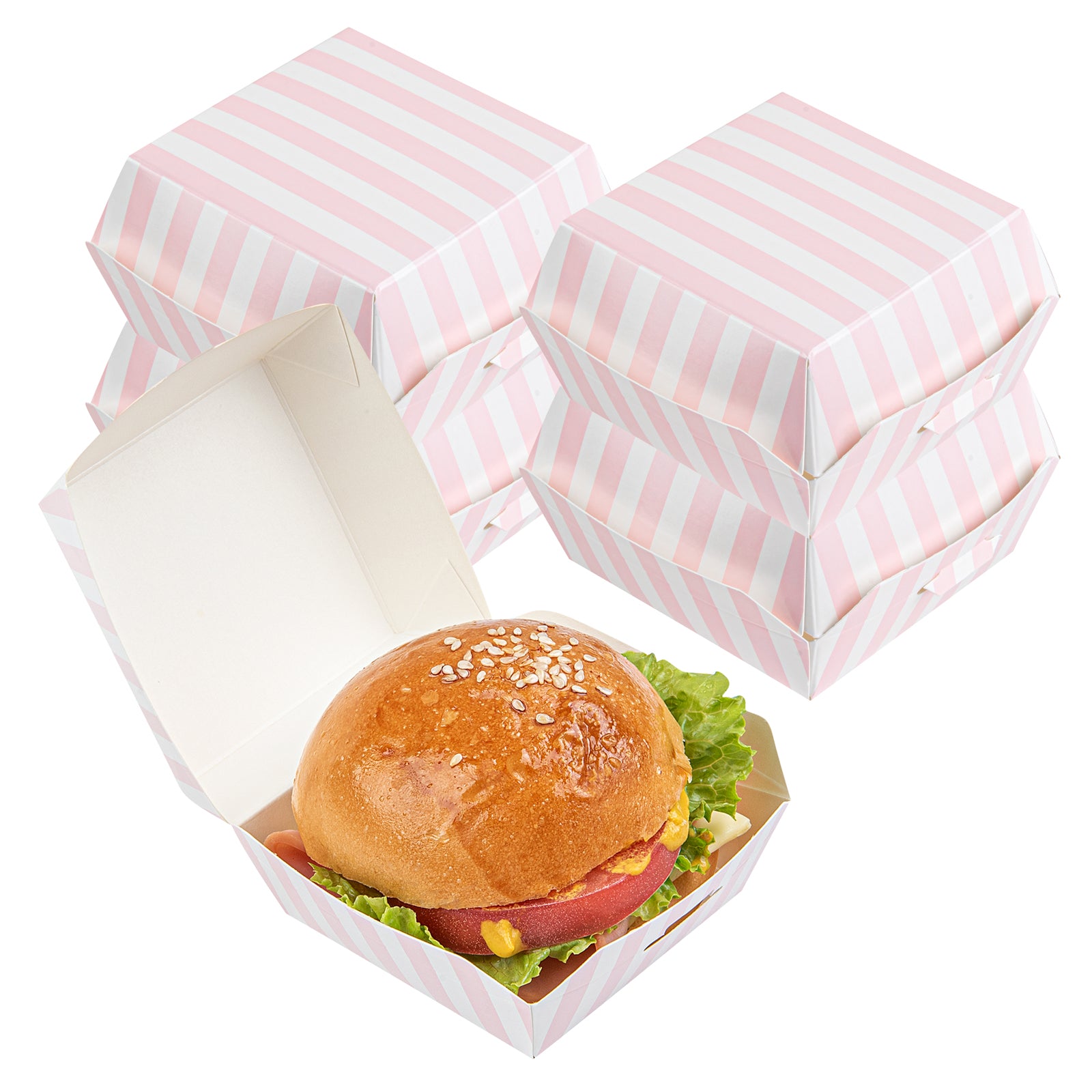 Bio Tek Pink and White Stripe Paper Mini Burger Box - 2 3/4" x 2 3/4" x 2" - 100 count box