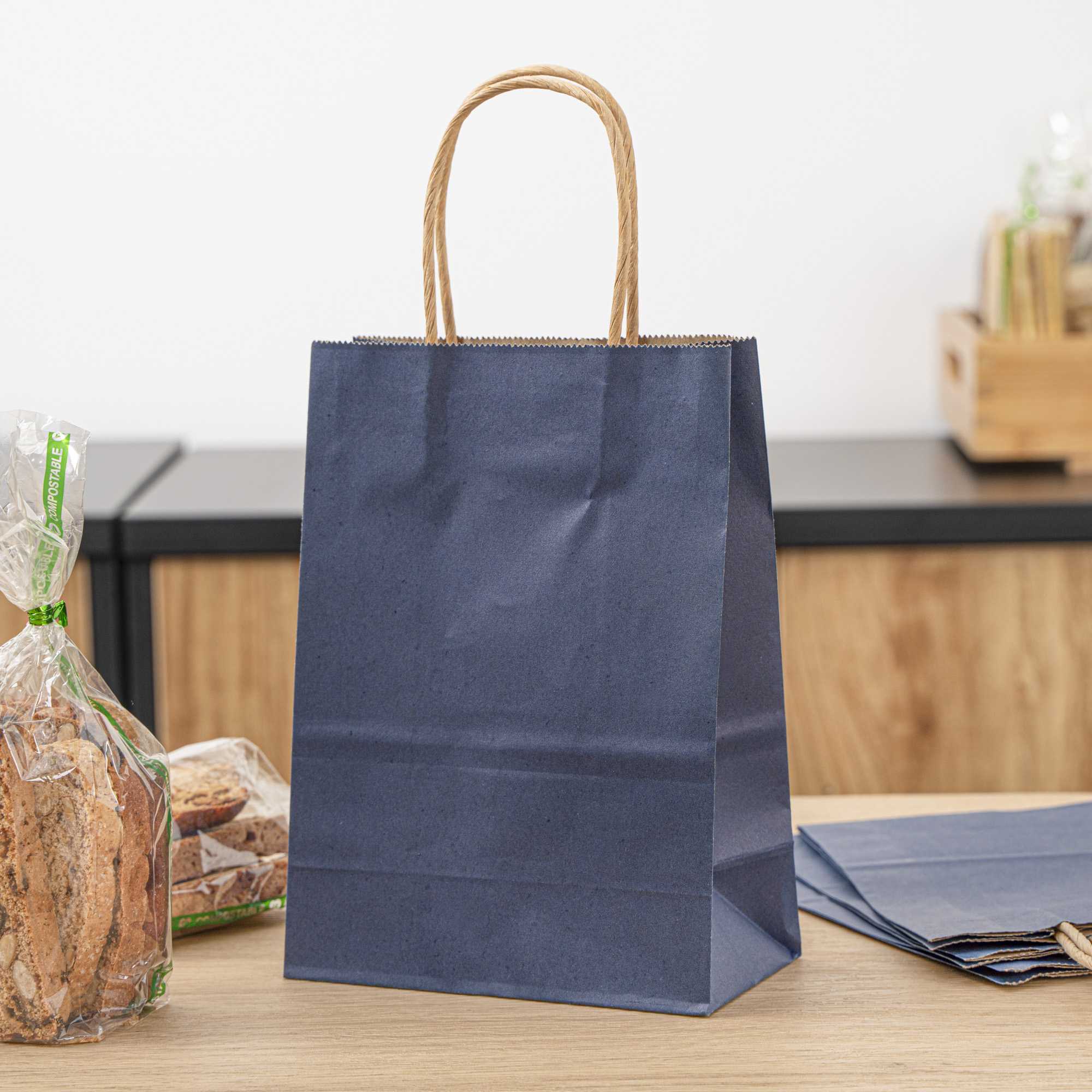 Saving Nature Dark Blue Paper Small Retail Bag - with Handles - 6" x 3 1/4" x 8 1/4" - 100 count box