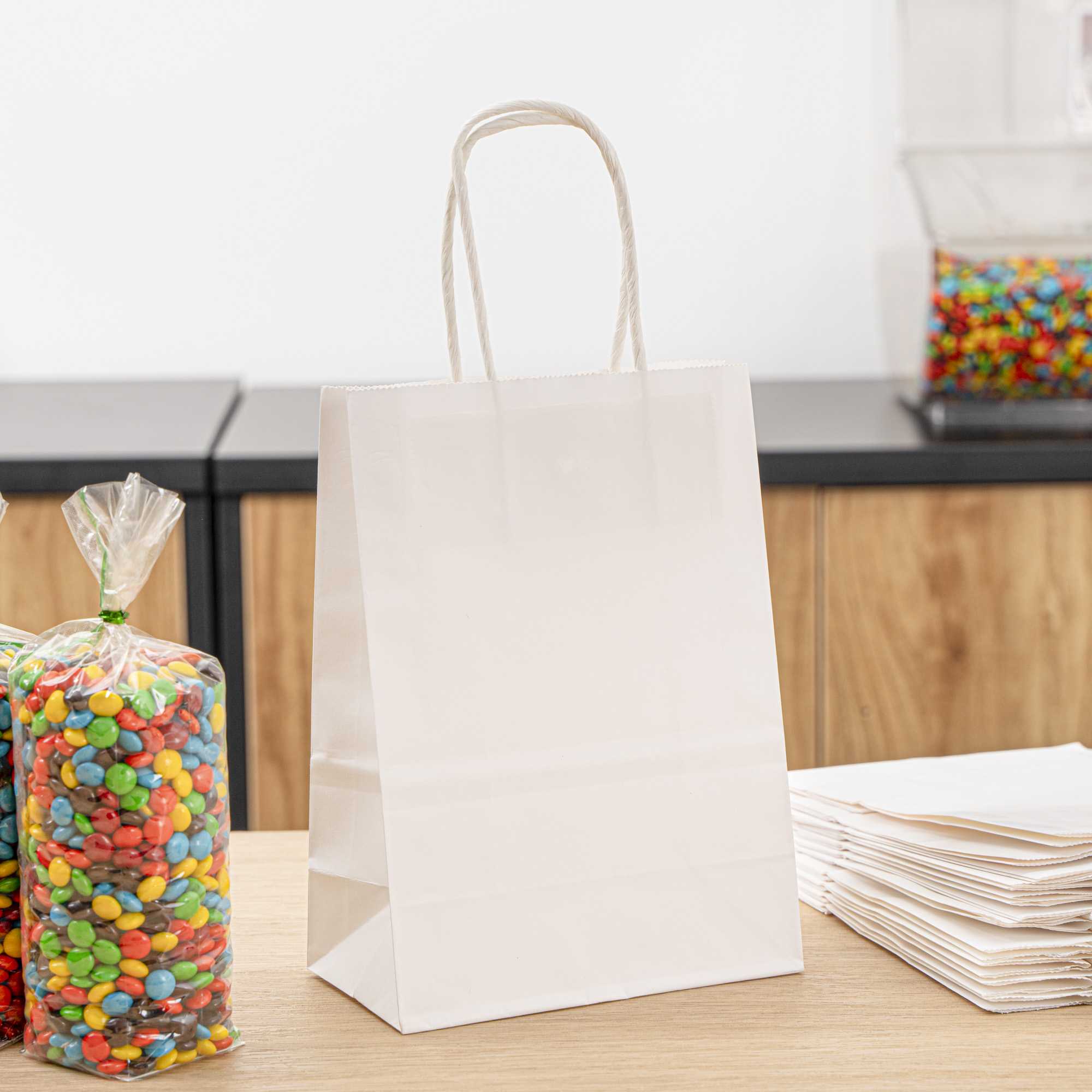 Saving Nature White Paper Small Retail Bag - with Handles - 6" x 3 1/4" x 8 1/4" - 100 count box