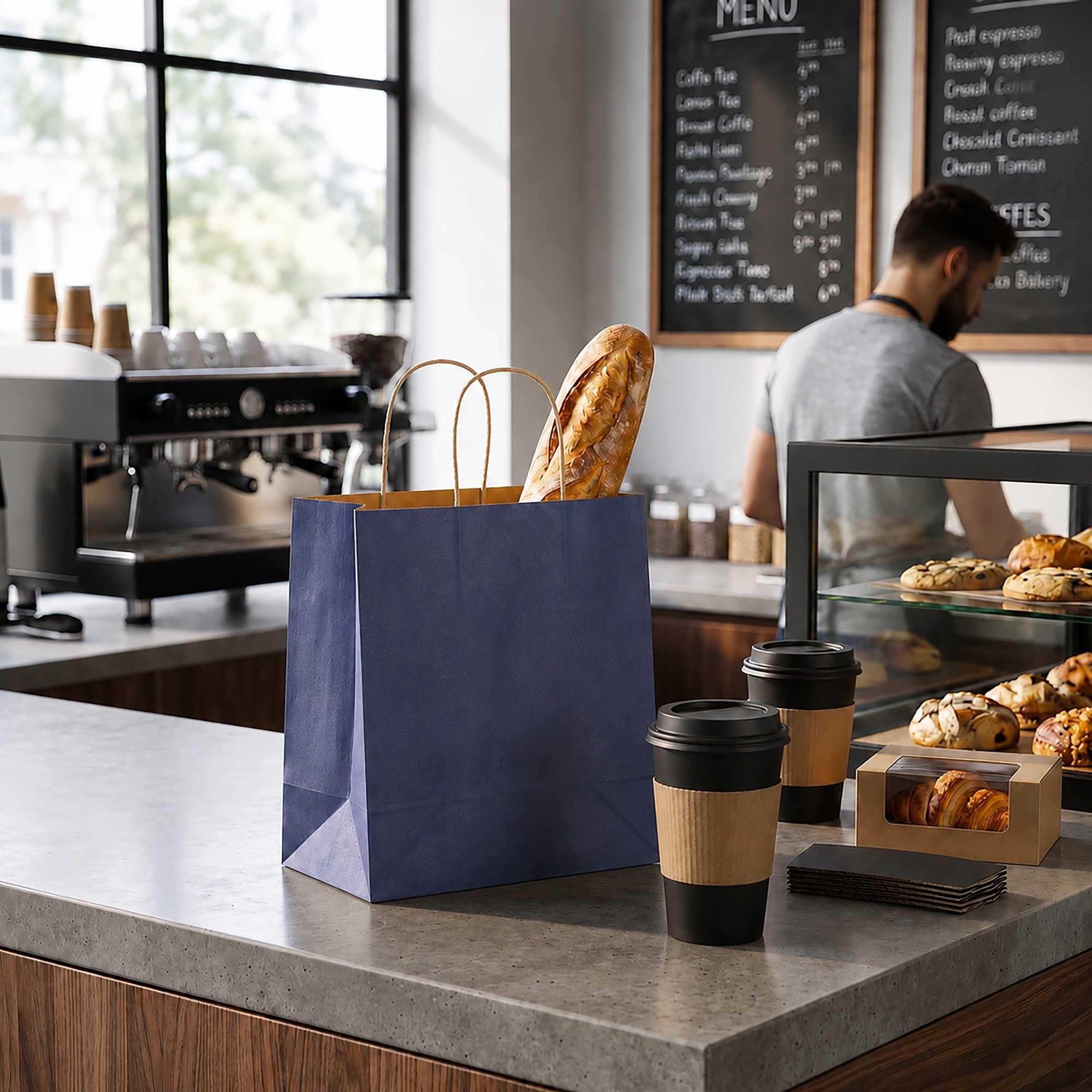 Saving Nature Dark Blue Paper Medium Retail Bag - with Handles - 10" x 6 3/4" x 12" - 100 count box
