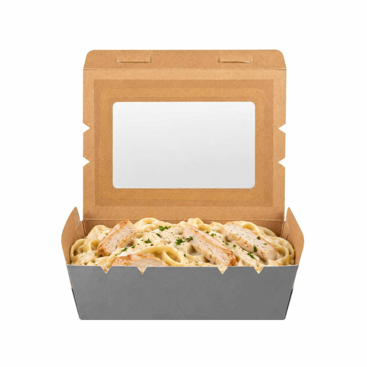 Cafe Vision 42 oz Gray Paper Take Out Container - Hinge Lock - 8" x 5 1/2" x 2" - 200 count box