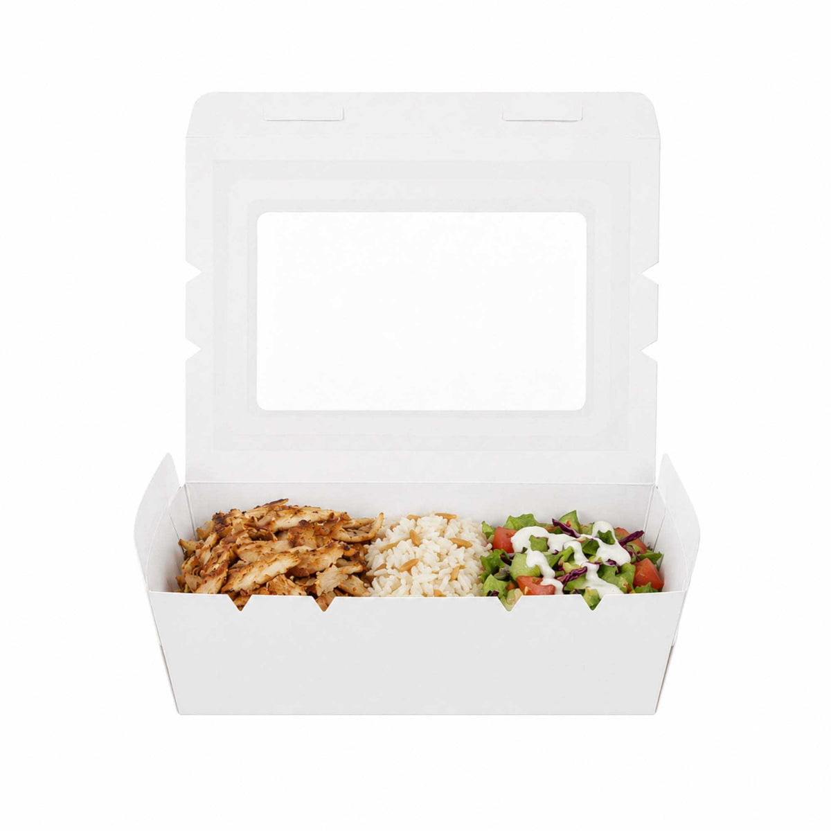Cafe Vision 42 oz White Paper Medium Take Out Container - Hinge Lock - 8" x 5 1/2" x 2" - 200 count box