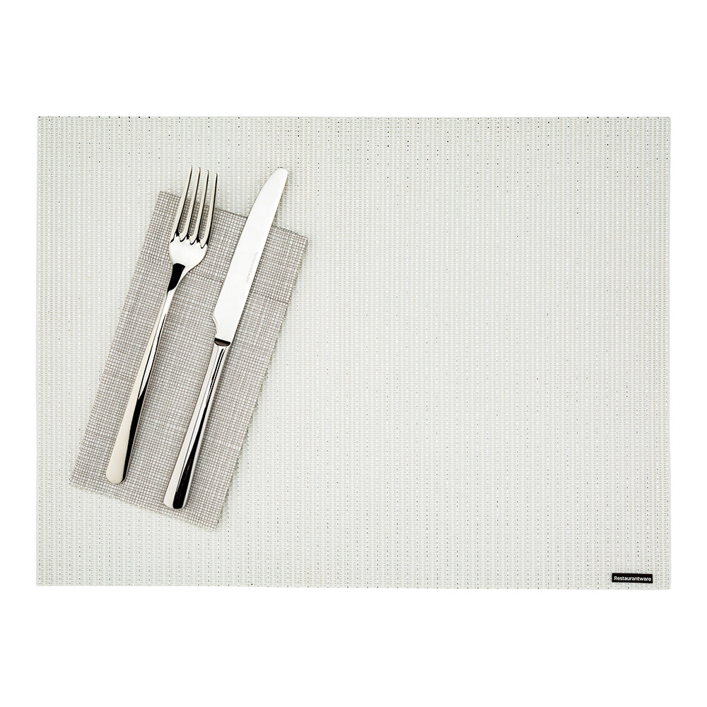 Amalfi Basketweave Silver Pinstripe White Vinyl Woven Placemat - with Silver Threads - 16" x 12" - 6 count box