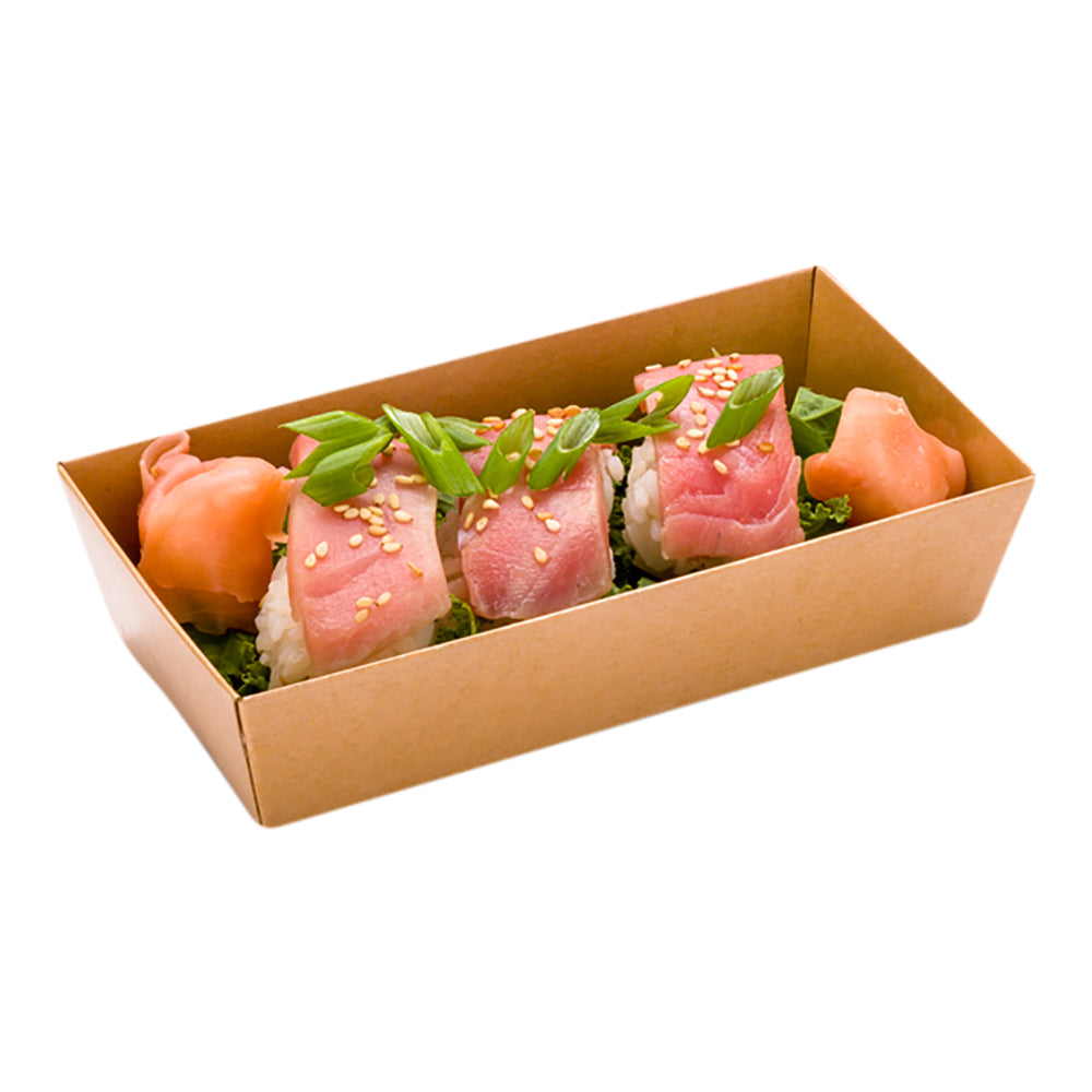 Matsuri Vision Rectangle Kraft Paper Medium Sushi Container - 5 1/2" x 2 3/4" x 1 1/2" - 100 count box