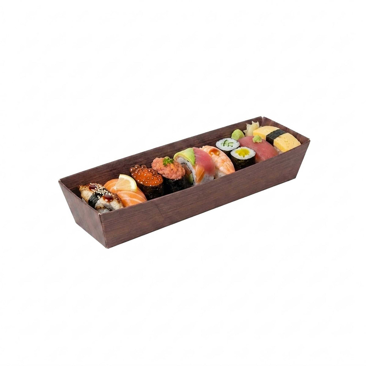 Matsuri Vision Wood Grain Paper Small Maki Sushi Container - 6 1/2" x 1 3/4" x 1 1/2" - 100 count box