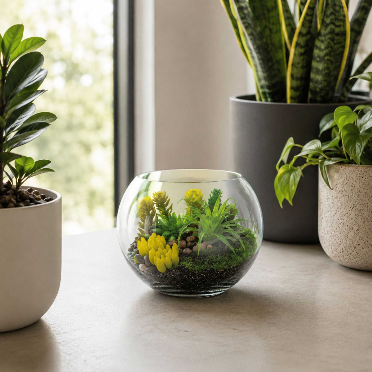 Plastic Table Art Faux Succulent Arrangement - Fishbowl Glass Terrarium - 7" x 7" x 5 1/2" - 1 count box