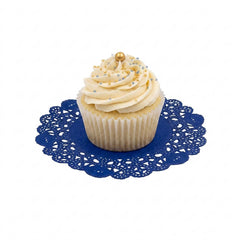 Pastry Tek Round Navy Blue Paper Doilies - Lace - 6