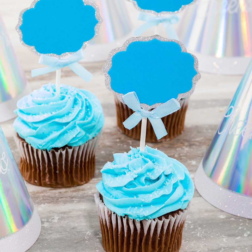 Top Cake Blue Paper DIY Personalized Cake Topper - Bow, Silver Glitter Rim - 4 1/2" x 2 1/2" - 100 count box