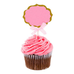 Top Cake Pink Paper DIY Personalized Cake Topper - Bow, Gold Glitter Rim - 4 1/2