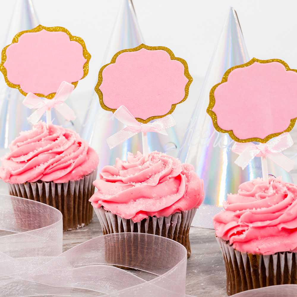 Top Cake Pink Paper DIY Personalized Cake Topper - Bow, Gold Glitter Rim - 4 1/2" x 2 1/2" - 100 count box