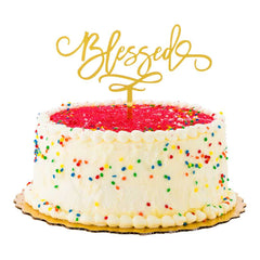 Top Cake Mirrored Gold Acrylic Blessed Cake Topper - 6