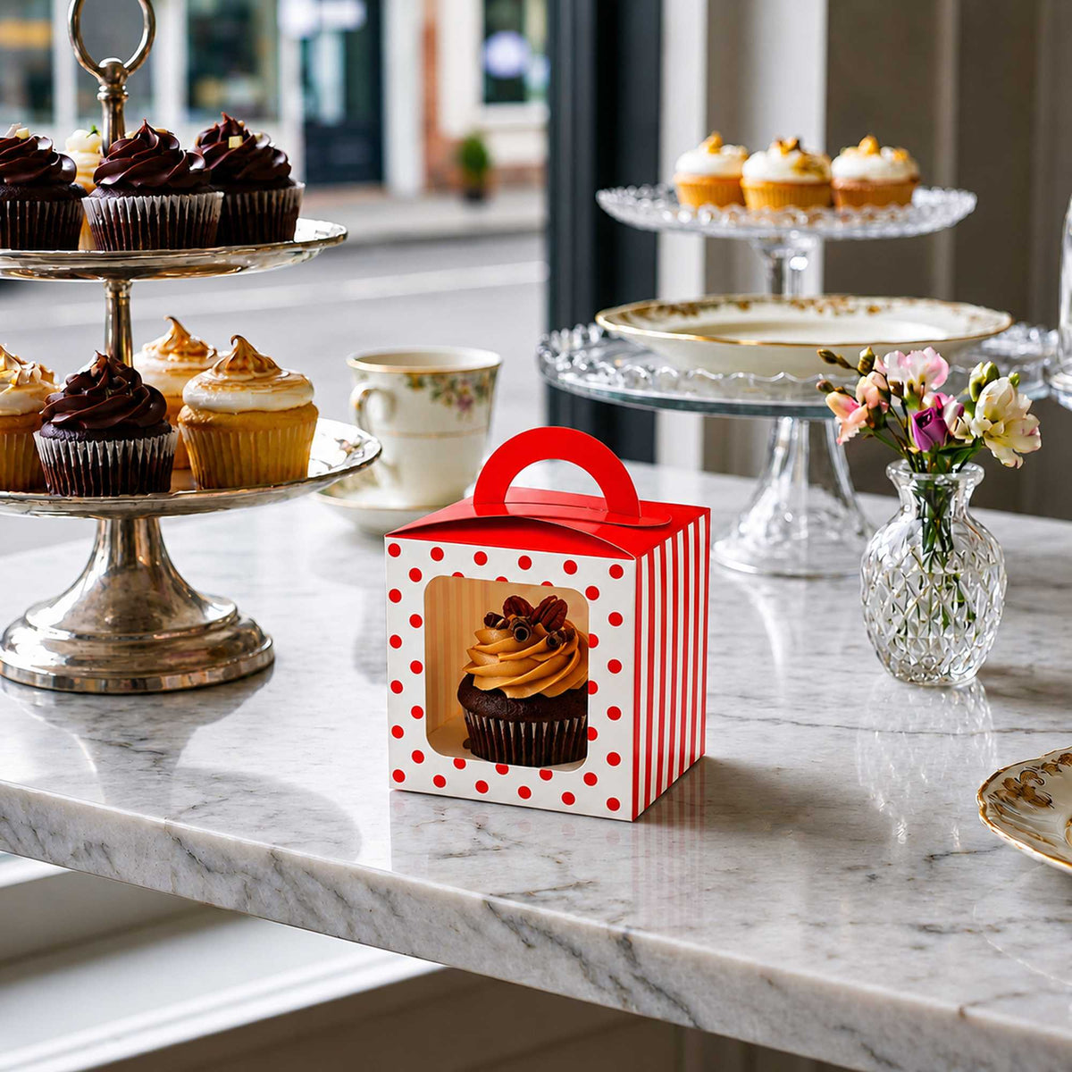 Pastry Tek Square Red Paper Cupcake Window Box - Polka Dots, Fits 1 - 4 1/2" x 4 1/2" x 4 1/2" - 100 count box