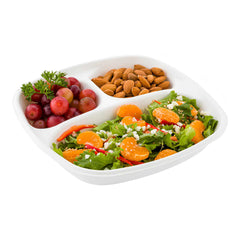 Pulp Tek 15 oz Square White Sugarcane / Bagasse Salad Plate - 3 Compartments - 8 3/4
