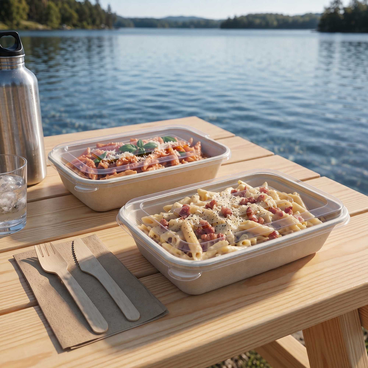 Pulp Tek Rectangle Clear Plastic Flat Lid - Fits 12 and 16 oz Bagasse Container - 100 count box