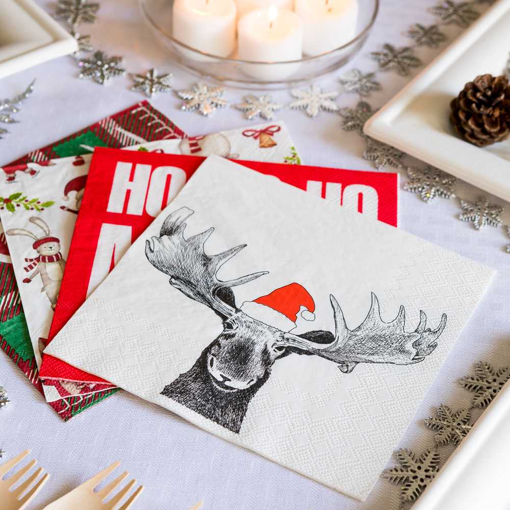 Luxenap White Paper Luncheon Napkin - Holiday Moose - 13" x 13" - 500 count box