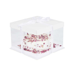 Sweet Vision Square Clear Plastic Cake Box - White Lid and White Base, Gray Ribbon - 8 1/2