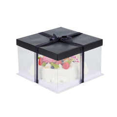 Sweet Vision Square Clear Plastic Cake Box - Black Lid and White Base, Black Ribbon - 10