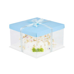 Sweet Vision Square Clear Plastic Cake Box - Blue Lid and White Base, Blue Ribbon - 10
