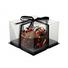 Sweet Vision Square Clear Plastic Cake Box - Black Base, Black Ribbon - 10