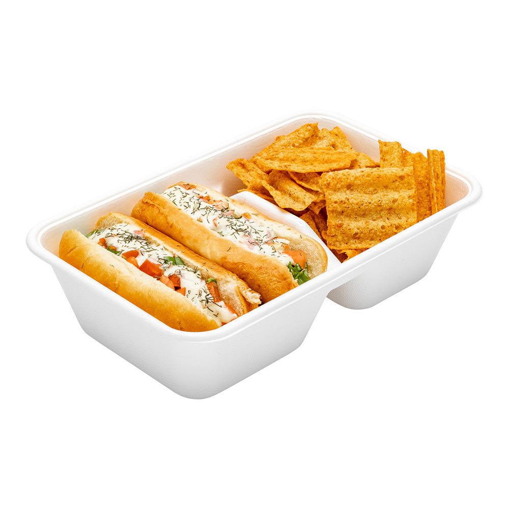Pulp Tek 34 oz Rectangle White Sugarcane / Bagasse Take Out Container - 2-Compartment - 9" x 5 3/4" x 2 1/2" - 100 count box