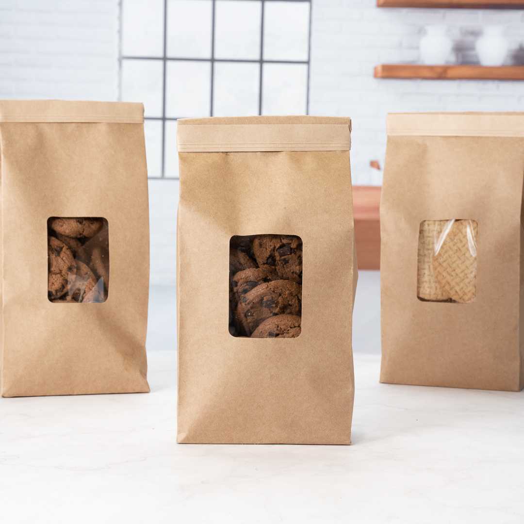 Bag Tek Kraft Paper Bakery / Coffee Tin Tie Bag - with Window - 4 3/4" x 2 1/2" x 9 3/4" - 100 count box