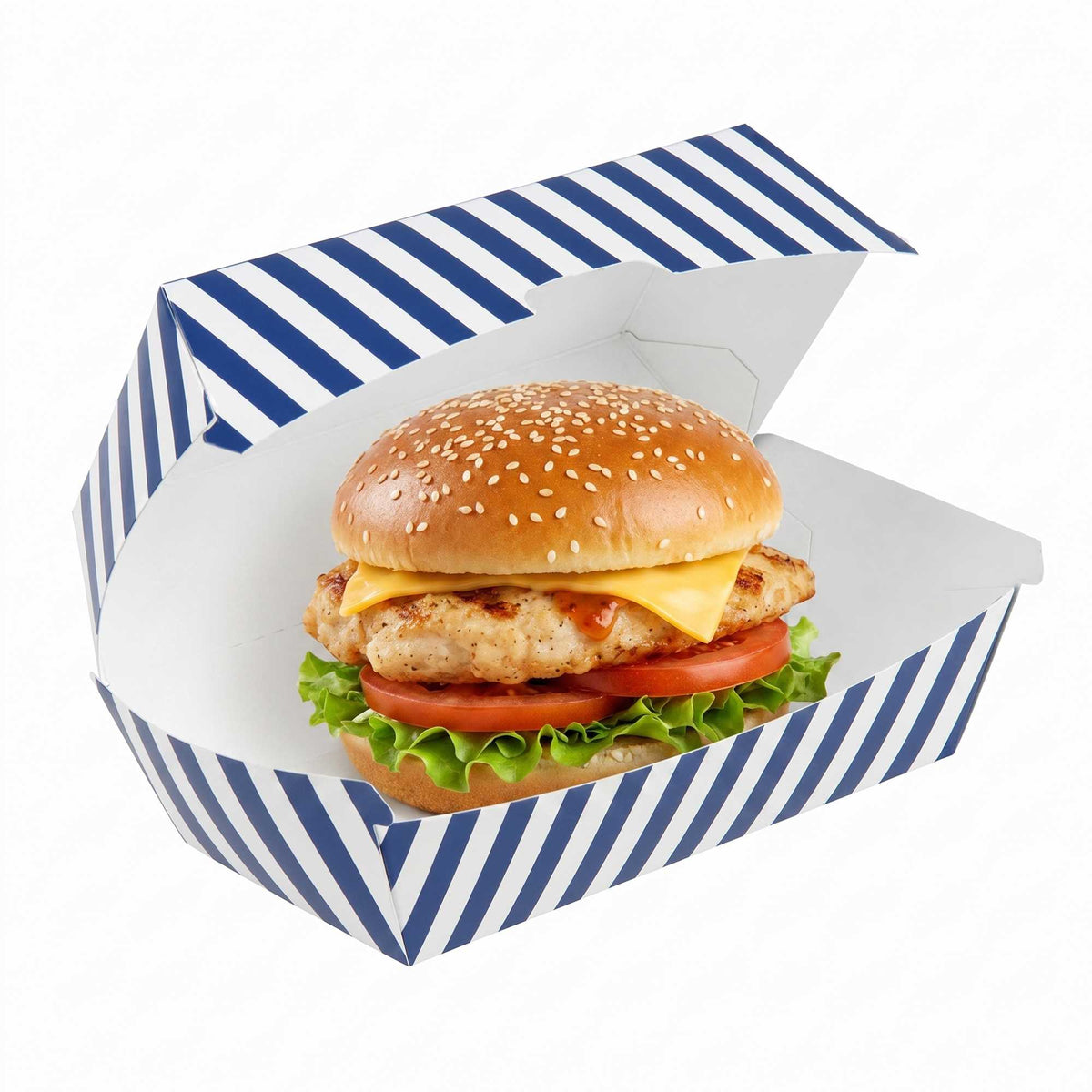 Bio Tek Rectangle Blue and White Stripe Paper Hot Dog / Sandwich Clamshell Container - 6 3/4" x 3 1/2" x 3 1/2" - 100 count box