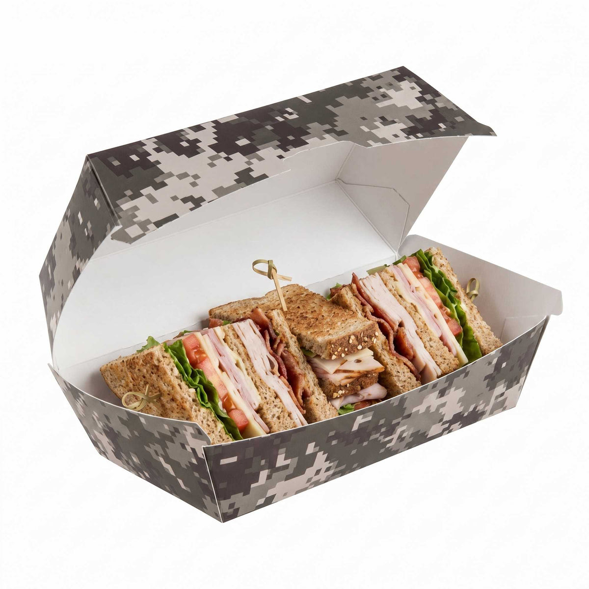 Bio Tek Rectangle Camouflage Paper Hot Dog / Sandwich Clamshell Container - 6 3/4" x 3 1/2" x 3 1/2" - 100 count box