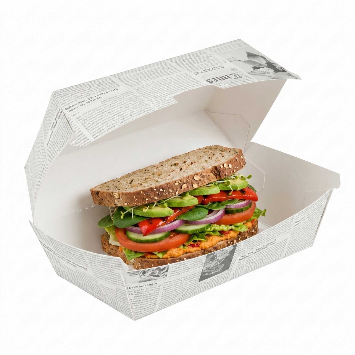 Bio Tek Rectangle Newsprint Paper Hot Dog / Sandwich Clamshell Container - 6 3/4" x 3 1/2" x 3 1/2" - 100 count box