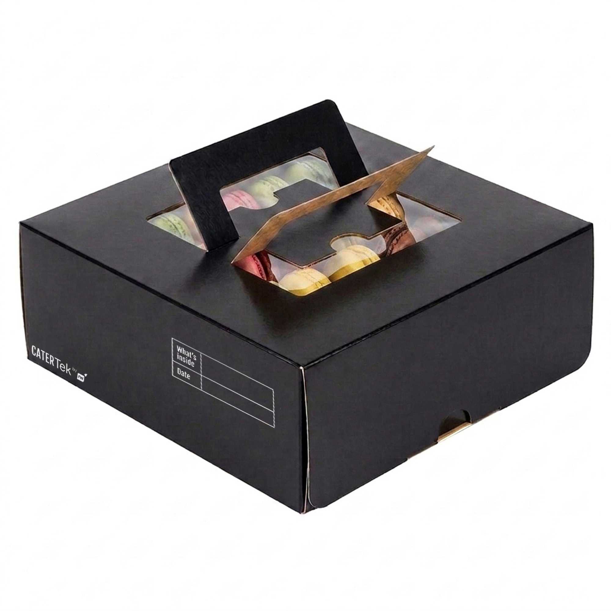 Cater Tek Square Black Paper Cake / Take Out Container - with Pop-Up Handle, Window - 9" x 9" x 3 1/2" - 50 count box